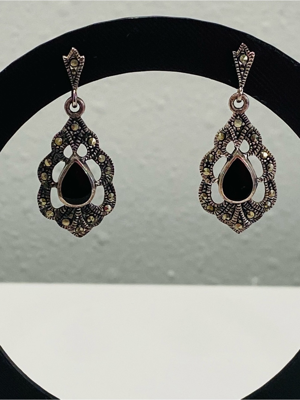 Black Onyx Marcasite Dangle Earrings Art Deco Style Pierced 925 Sterling Silver
